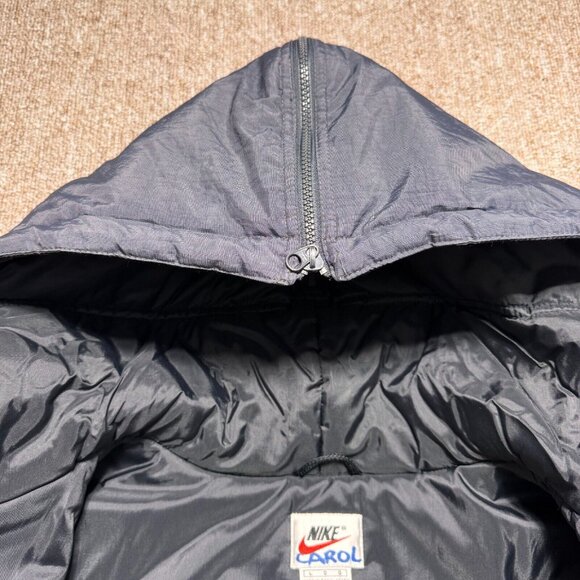 Vintage 90s Nike Dark Grey Navy Yellow Coach Puffer Long Jacket Large Zip Hood - Picture 8 of 12